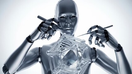 A metallic humanoid robot precisely assembles a complex, glowing crystal geometric structure with fine tools against a bright white background