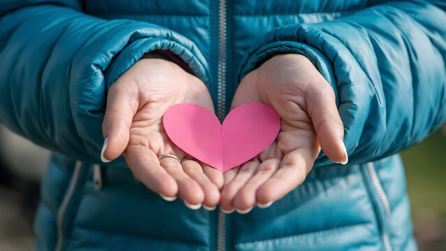 Giving love a helping hand woman holding a pink heart gently offering care and kindness to you