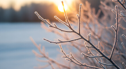 Frost covered branches at sunrise with winter landscape in background