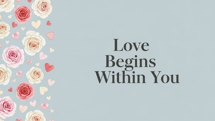 Love begins within you text on a light blue background with roses and hearts on the left side