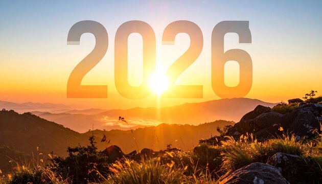 Scenic mountain landscape at sunrise or sunset with semi-transparent “2026” text over warm glowing hills, vibrant sky, and foreground vegetation, evoking natural beauty and future aspirations.
