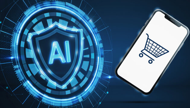 AI Shopping Security: A digital shield of AI technology secures a smartphone displaying a shopping cart icon, symbolizing safe and seamless online transactions.