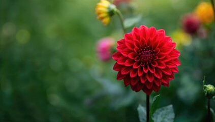 Scarlet Dahlia in a lush garden setting, summer floral display emphasizing vibrant colors, nature, and landscape features