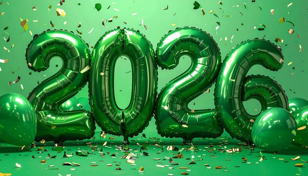 Festive celebration scene with large green metallic “2026” balloons against green background, floor balloons and falling colorful confetti, evoking joyful New Year or milestone party atmosphere.