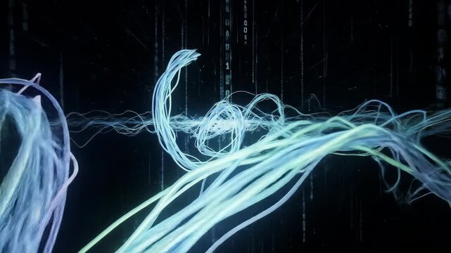 Abstract glowing blue, green, and purple fiber-like strands intertwine against a dark background with faint digital patterns, creating a dynamic, interconnected network
