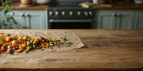 Food waste on eco-friendly parchment paper with fruit and vegetable peels, recycling background, emphasizing sustainable waste management