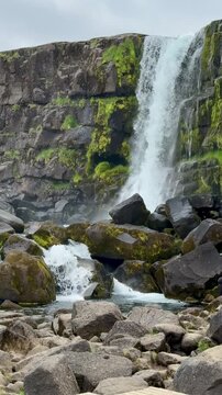 Icelandic waterfall Cascade With Lava Rocks nature Background