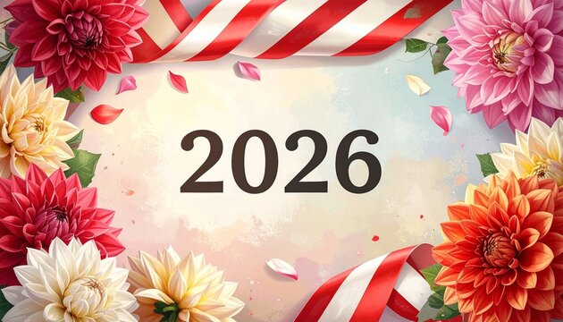 Decorative floral border with red, white, and pink dahlias interwoven with white satin ribbons, framing bold red “2026” text at center, vibrant symmetrical composition evoking celebration and elegance