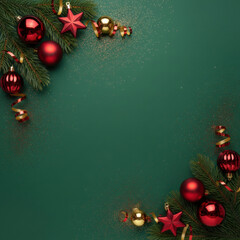 Elegant Christmas background with fir branches, red ornaments, and golden glitter on a dark green surface. Perfect holiday layout with copy space.