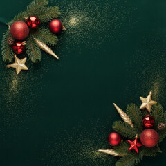 Elegant Christmas background with fir branches, red ornaments, and golden glitter on a dark green surface. Perfect holiday layout with copy space.