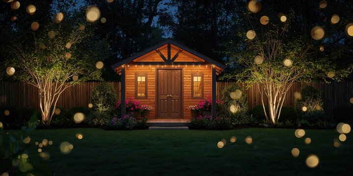 Rustic garden shed with LED lighting in a backyard, emphasizing outdoor maintenance and illumination techniques