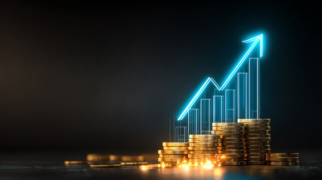 A graphic representation of financial growth with glowing coins and an upward trend, symbolizing success.