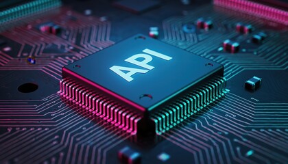 Close-up of a Microchip with API Engraved on it, Representing Technology and Data Transfer.