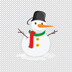 A delightful cartoon illustration of a friendly snowman with a classic black hat a vibrant red scarf and a cheerful orange carrot nose perfect for winter themes
