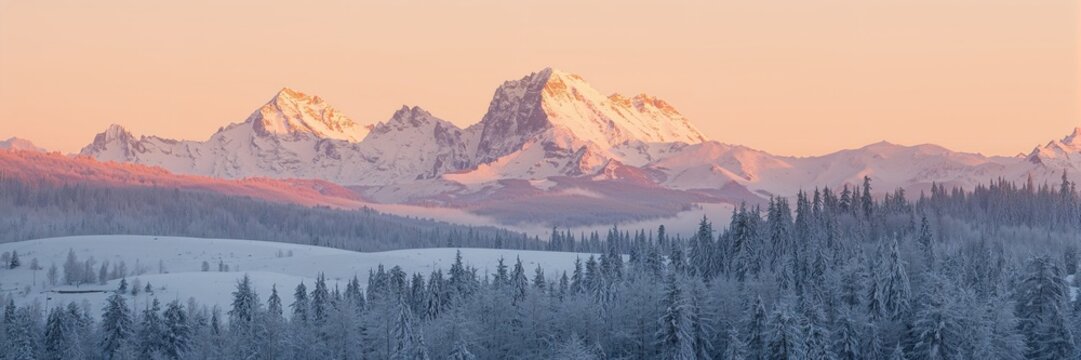 Snowy mountain hills with forest at reddish sunrise, ideal for nature photography backdrops
