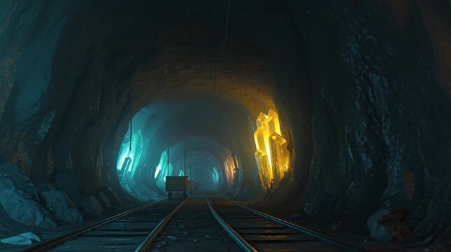 A mine shaft with tracks leading into the distance, illuminated by blue and yellow light.