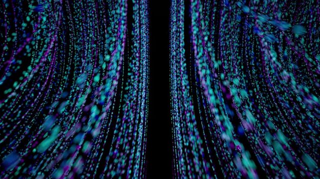 animation of fast-flowing vertical particle streams in blue, cyan, and magenta, creating a futuristic data tunnel. Excellent background for technology, cyberspace, deep dive, and high-speed data