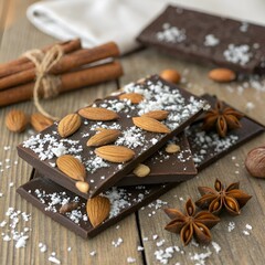 A rustic flat-lay of handmade dark chocolate bark studded with almonds and winter spices, lightly dusted with powdered sugar like fresh snow, set on a cozy wooden background.