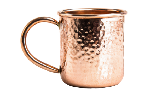 Copper hammered moscow mule mug with handle, shiny metal cup for cocktails, beverages, and iced drinks, isolated on transparent background, png