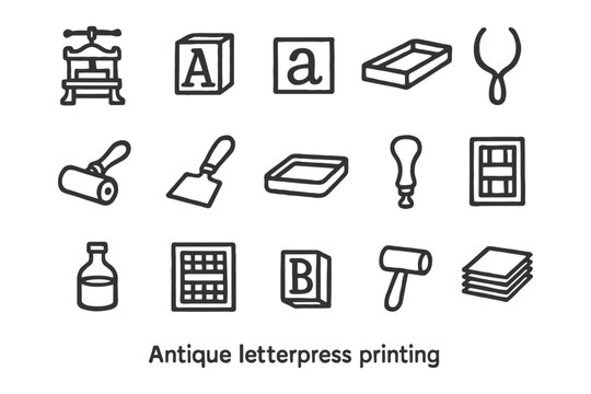 Antique letterpress printing icons: tools and letters.