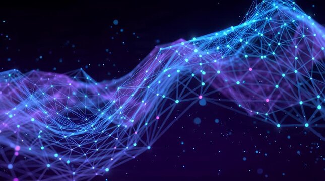 Abstract digital network visualization with glowing blue and purple nodes and connecting lines on a dark background.