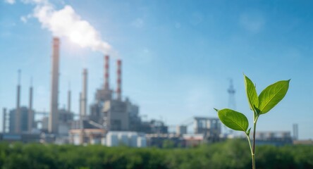 A leafy green plant growing beside an industrial plant, emphasizing environmental impact and pollution awareness