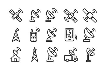 Satellite and communication icons depicting antennas, satellites, and mobile devices.