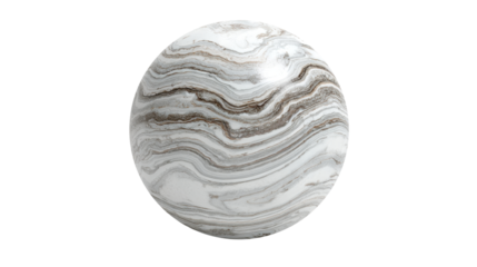White marble sphere featuring brown and gray abstract vein patterns, creating a natural stone texture with flowing liquid lines, isolated on transparent background, png
