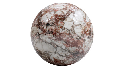 Polished marble sphere displaying intricate red and white veining patterns, a luxurious and natural stone texture for abstract or geological concepts on a transparent background, png