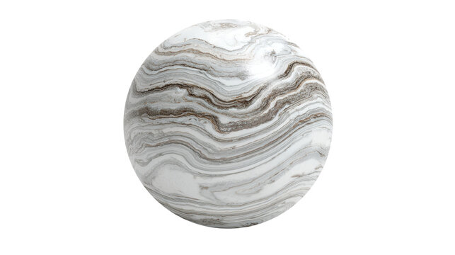 White marble sphere featuring brown and gray abstract vein patterns, creating a natural stone texture with flowing liquid lines, isolated on transparent background, png