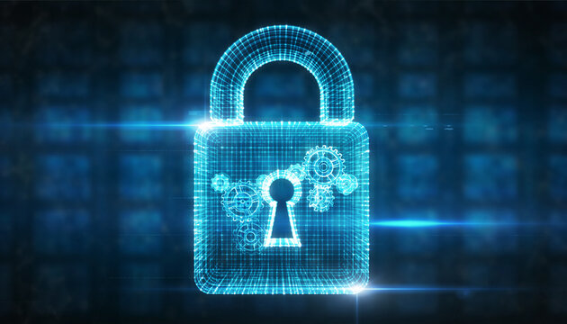 Digital Security: A glowing digital lock, with intricate gear-like mechanisms, symbolizes robust data protection and cybersecurity within a technological landscape.