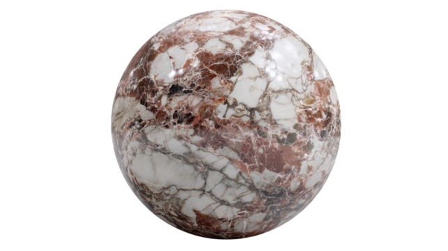 Polished marble sphere displaying intricate red and white veining patterns, a luxurious and natural stone texture for abstract or geological concepts on a transparent background, png - Powered by Adobe