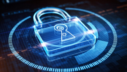Digital Lock Security: An illuminating depiction of a secure digital lock, representing the protection of data in a cyber realm. Depicting the important of security in a technological sphere.