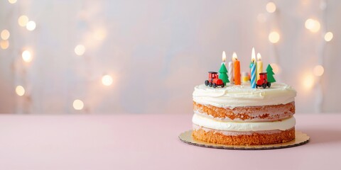 Birthday carrot cake for kids with train-shaped decorations, festive celebration, and light cream frosting, ideal for holiday dessert