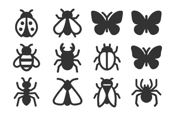 Fototapeta premium Collection of insect silhouettes: ladybug, butterfly, beetle, spider, ant, moth.