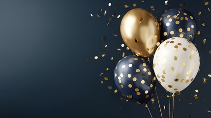 Celebrate your milestone with these elegant gold, blue, and white party balloons and confetti for a modern and sophisticated look