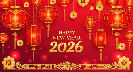 Happy new year 2026 chinese decoration with red lanterns and golden accents