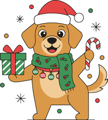 A cute cartoon dog dressed in festive Christmas attire, wearing a Santa hat and green scarf while holding a gift box and candy cane against a white background with snowflakes.