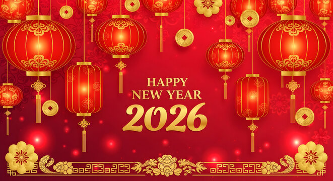 Happy new year 2026 chinese decoration with red lanterns and golden accents