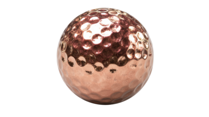 Copper sphere showing a hammered, dimpled surface with a reflective metallic finish, creating an abstract and decorative element on a transparent background, png