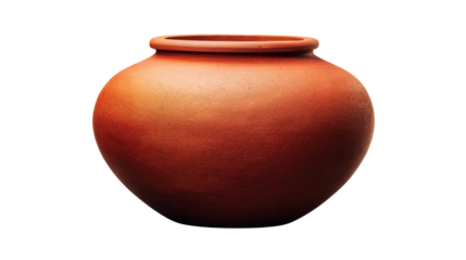 Traditional terracotta unglazed pot crafted from natural clay, presenting an earthy texture and classic handmade design, ready for use as a vessel or decorative object with a transparent background
