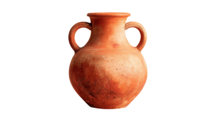 Terracotta amphora showing an ancient clay pottery vessel with historical significance, representing cultural heritage and archaeology, presented on a transparent background, png