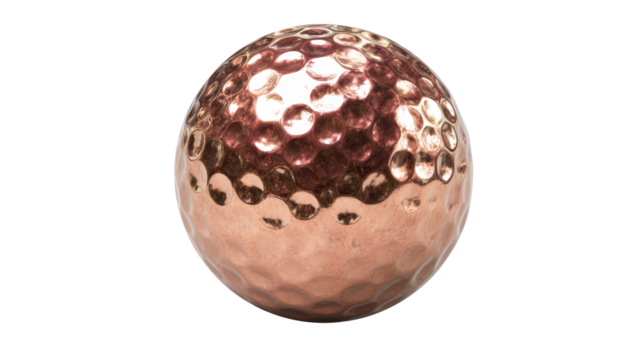 Copper sphere showing a hammered, dimpled surface with a reflective metallic finish, creating an abstract and decorative element on a transparent background, png