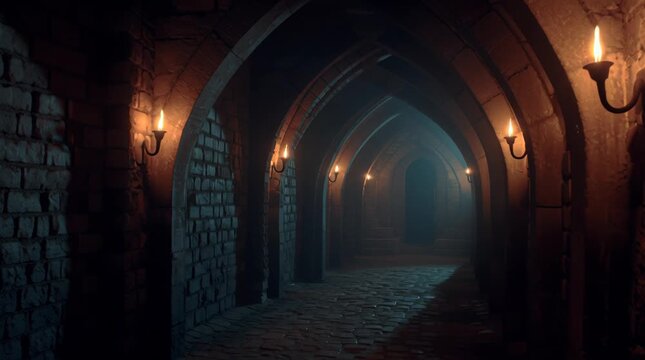 A dimly lit, ancient stone corridor with arched ceilings and flickering candle sconces creating a mysterious atmosphere.