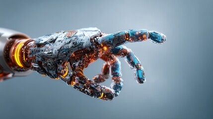 Futuristic robotic hand reaching out with complex internal mechanisms and glowing lights for cutting-edge technology concepts