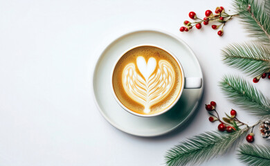  A white cup of latte art with shape of heart pattern and winter-themed arrangement on white background.