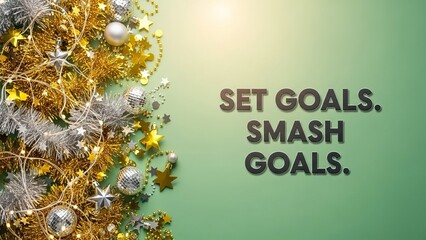 Festive decoration with set goals smash goals text on a green background for new year celebration