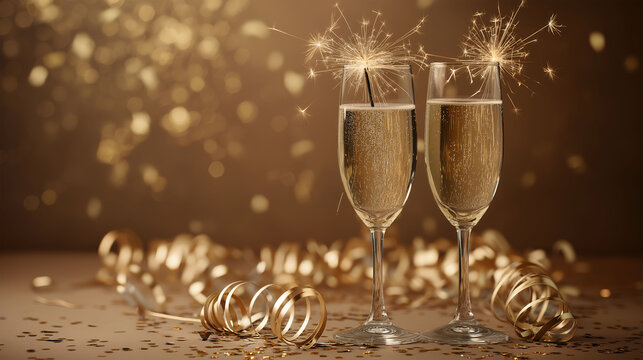 Two Champagne Glasses Sparkling at a Celebration of joy with the warm golden color creating a sense of luxury, and sophistication.