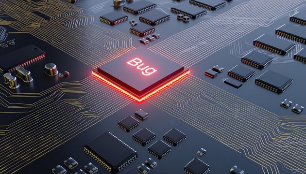 Digital Bug on Computer Chip Glowing Red on Circuit Board. - Powered by Adobe