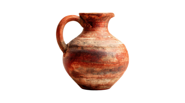 Ancient pottery jug with handle showcasing historical craftsmanship, an antique clay vessel reflecting archeology and cultural heritage, on a transparent background, png